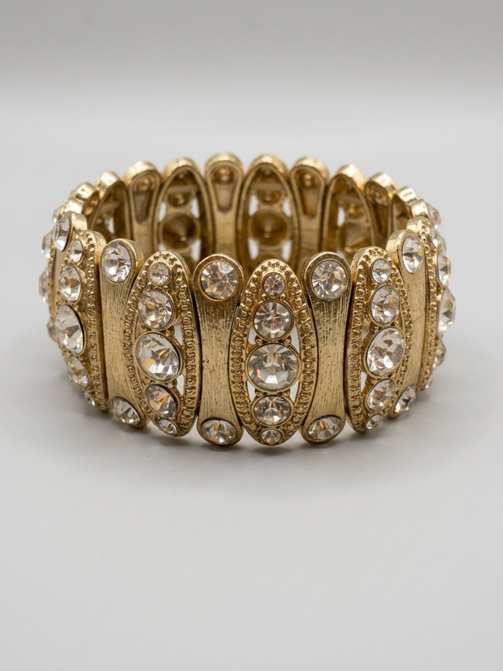 Gold-Tone Rhinestone Panel Stretch Bracelet Statement Costume Jewelry